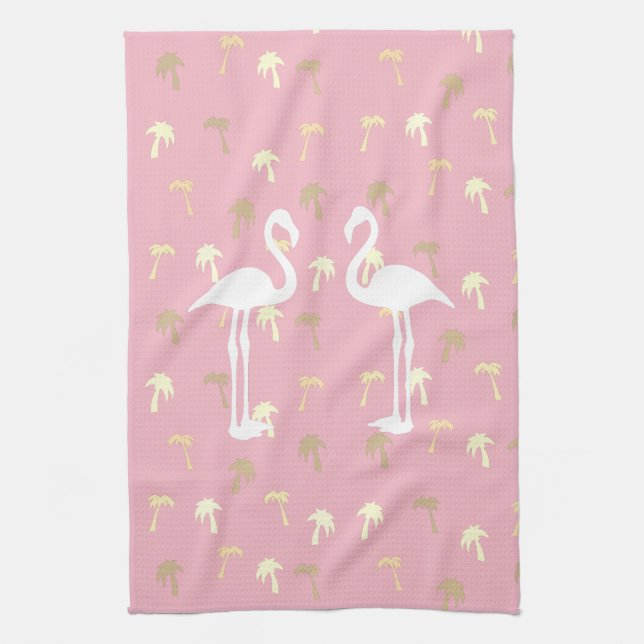 Golden Palm Trees Two White Flamingo Birds Tea Towel (Vertical)