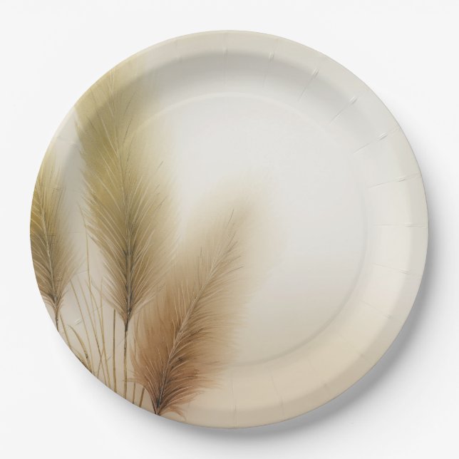 Golden Pampas Grass Bohemian Boho Wedding Paper Plate (Front)