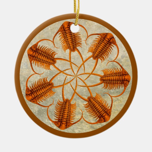 Golden Paraceraurus fossil trilobite wheel Ceramic Tree Decoration (Front)