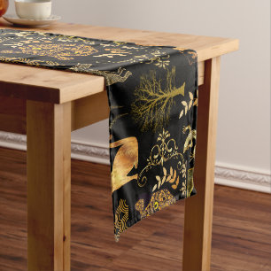Golden Pattern 03.bw Black BG Long Table Runner