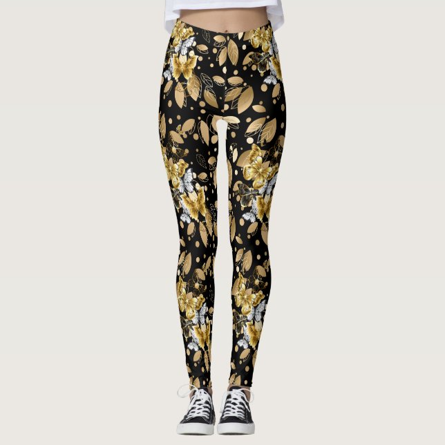 Golden Pattern 06.bw Black BG Leggings (Front)