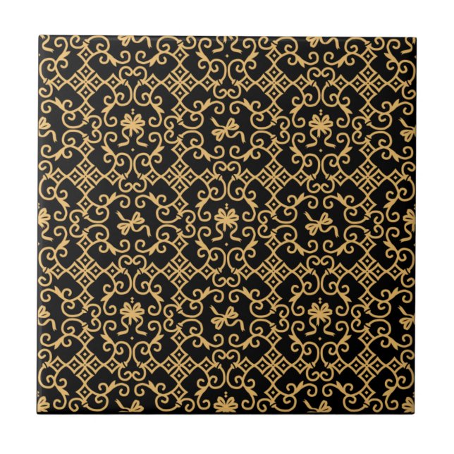 Golden Pattern with Black Background Ceramic Tile (Front)