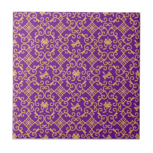 Golden Pattern with Purple Background Ceramic Tile