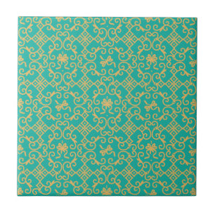 Golden Pattern with Turquoise Background Tile