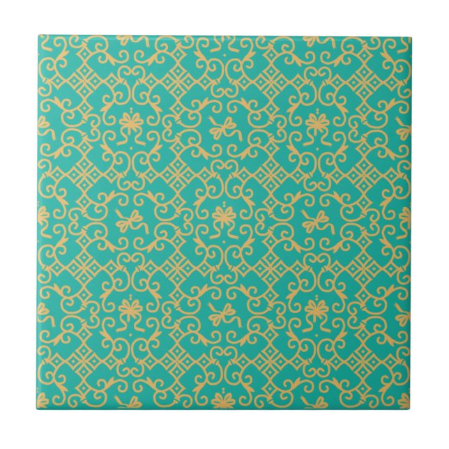 Golden Pattern with Turquoise Background Tile (Front)