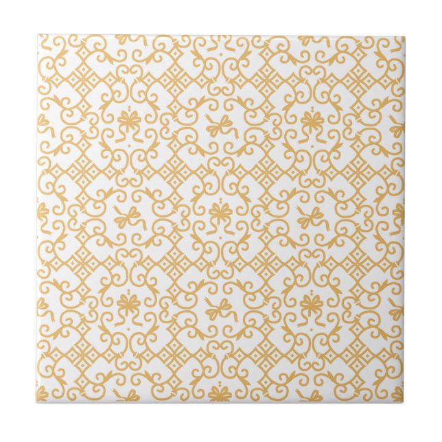 Golden Pattern with White Background Ceramic Tile (Front)