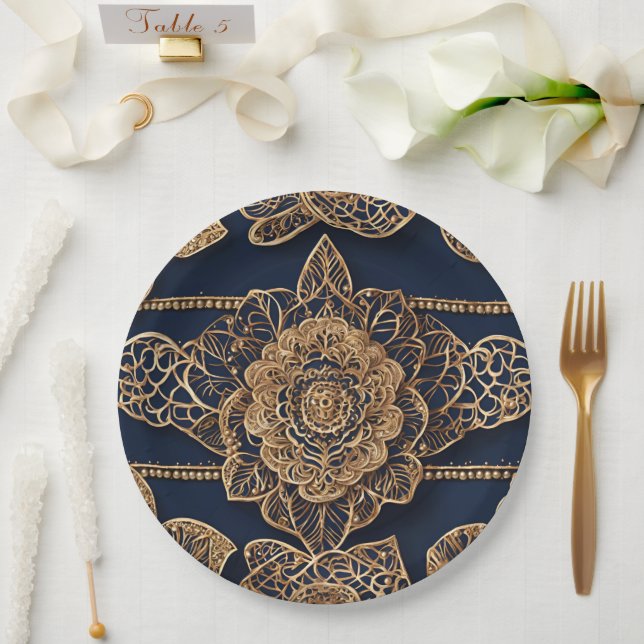 Golden patterns AI art  Paper Plate (Wedding)