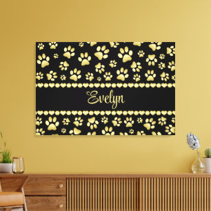 Golden Paw Prints on Black with Custom Name