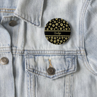 Golden Paw Prints on Black with Custom Name 6 Cm Round Badge