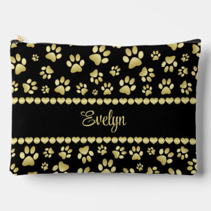 Golden Paw Prints on Black with Custom Name Accessory Pouch