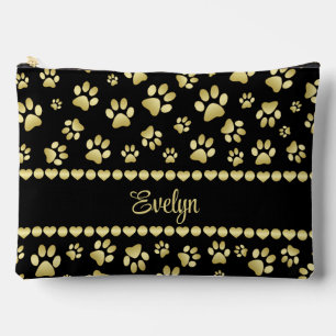 Golden Paw Prints on Black with Custom Name Accessory Pouch