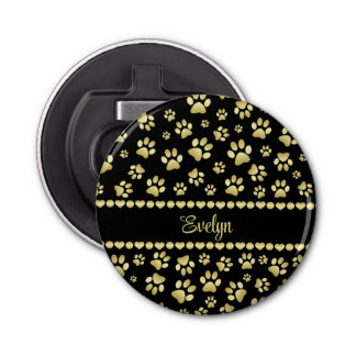 Golden Paw Prints on Black with Custom Name Bottle Opener
