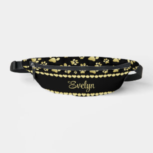 Golden Paw Prints on Black with Custom Name Bum Bags