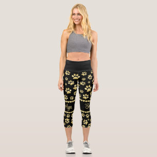 Golden Paw Prints on Black with Custom Name Capri Leggings