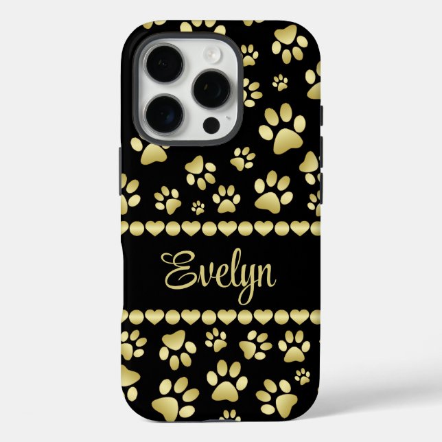 Golden Paw Prints on Black with Custom Name Case-Mate iPhone Case (Back)