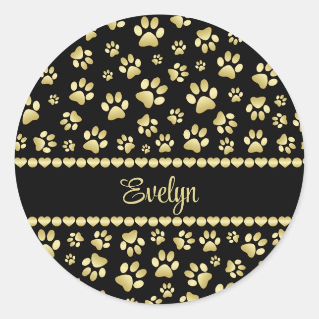 Golden Paw Prints on Black with Custom Name Classic Round Sticker (Front)