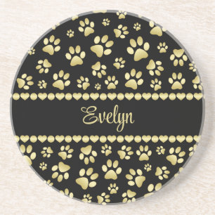 Golden Paw Prints on Black with Custom Name Coaster