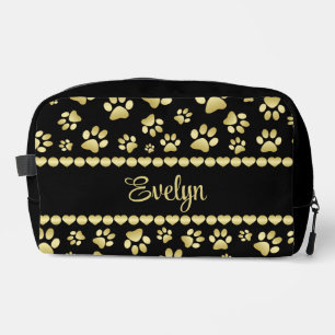 Golden Paw Prints on Black with Custom Name Dopp Kit