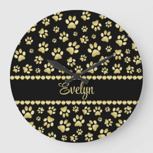 Golden Paw Prints on Black with Custom Name Large Clock
