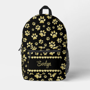 Golden Paw Prints on Black with Custom Name Printed Backpack
