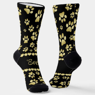 Golden Paw Prints on Black with Custom Name Socks