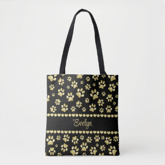 Golden Paw Prints on Black with Custom Name Tote Bag