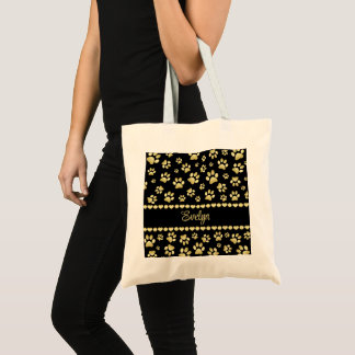 Golden Paw Prints on Black with Custom Name Tote Bag