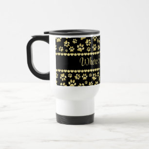Golden Paw Prints on Black with Custom Name Travel Mug