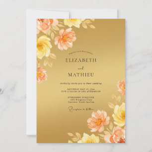 Golden Peach Floral Romance Wedding Invitation
