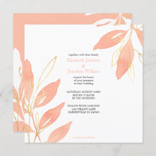 Golden Peach Floral Watercolor Wedding Invitation