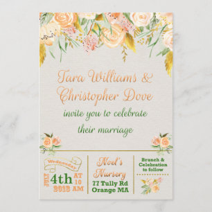 Golden Peach Green Floral Wedding Invitation