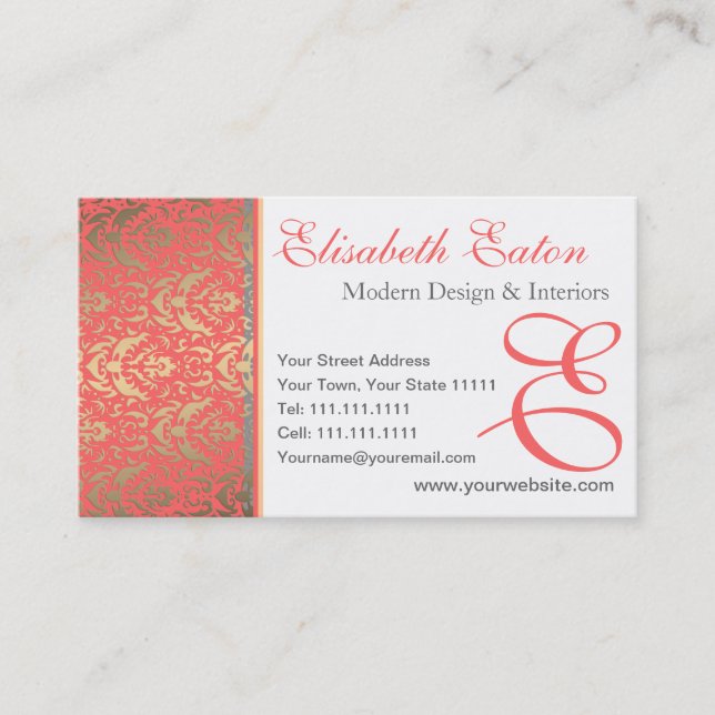 Golden Peach Shimmer Damask Elegant Woman's Business Card (Front)