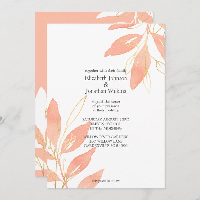 Golden Peach Watercolor Floral Wedding Invitation (Front/Back)