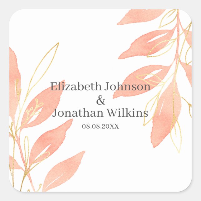 Golden Peach Watercolor Floral Wedding Square Sticker (Front)