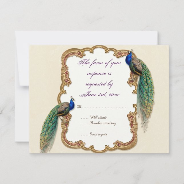 Golden Peacock & Calligraphy RSVP Response Card (Front)
