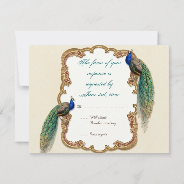 Golden Peacock & Calligraphy RSVP Response Card (Front)