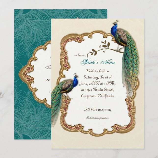 Golden Peacock & Calligraphy Swirls Invitation (Front/Back)