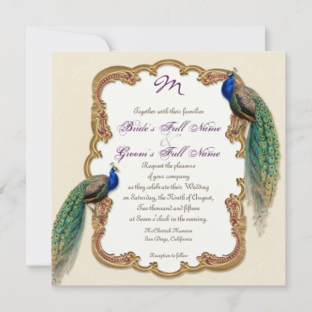 Golden Peacock & Calligraphy Swirls Invitation (Front)