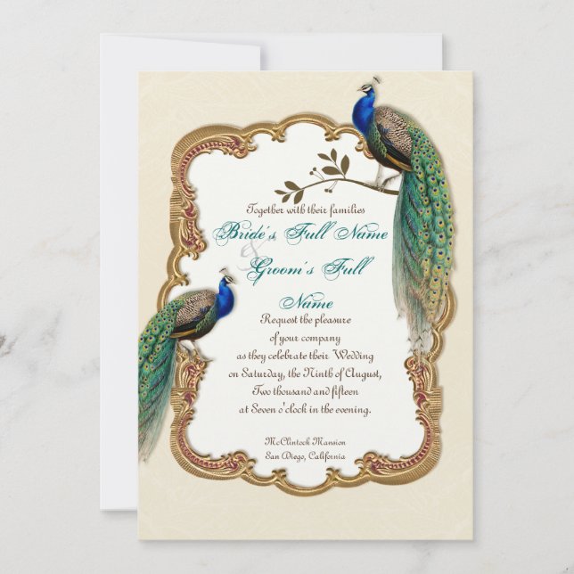 Golden Peacock & Calligraphy Swirls Invitation (Front)
