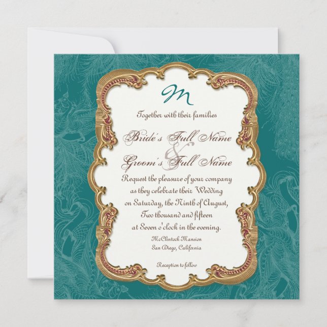 Golden Peacock & Calligraphy Swirls Invitation (Front)