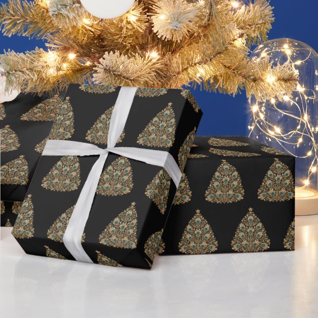 Golden Peacock Christmas Trees Obsidian Night Wrapping Paper (Holidays)