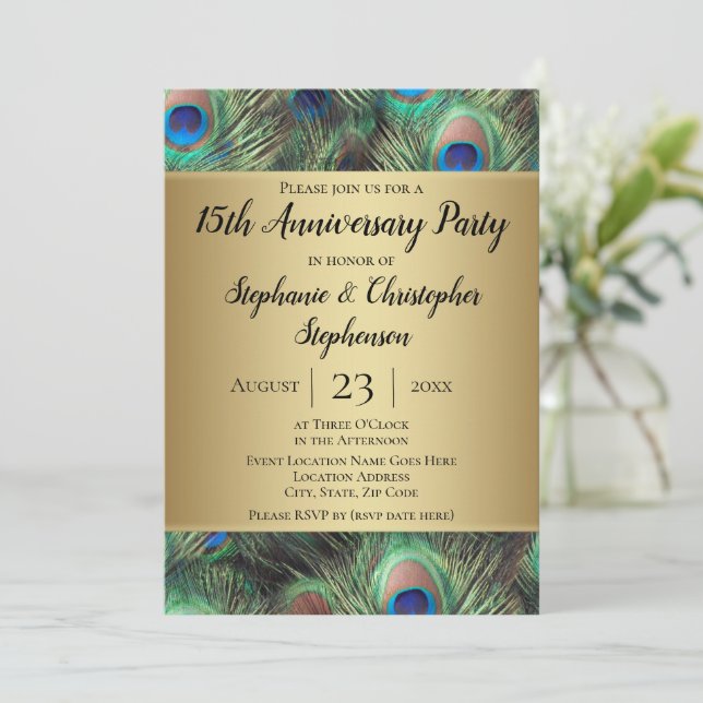 Golden Peacock Feather Any Year Anniversary Party Invitation (Standing Front)