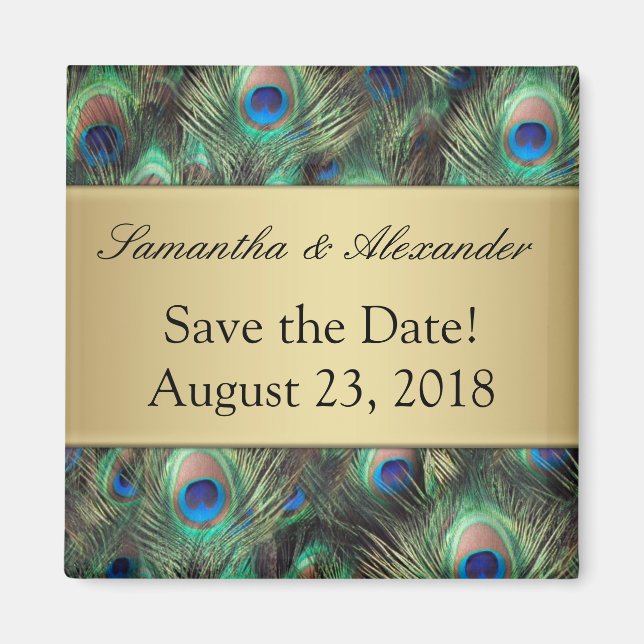 Golden Peacock Feather Background Save the Date Magnet (Front)