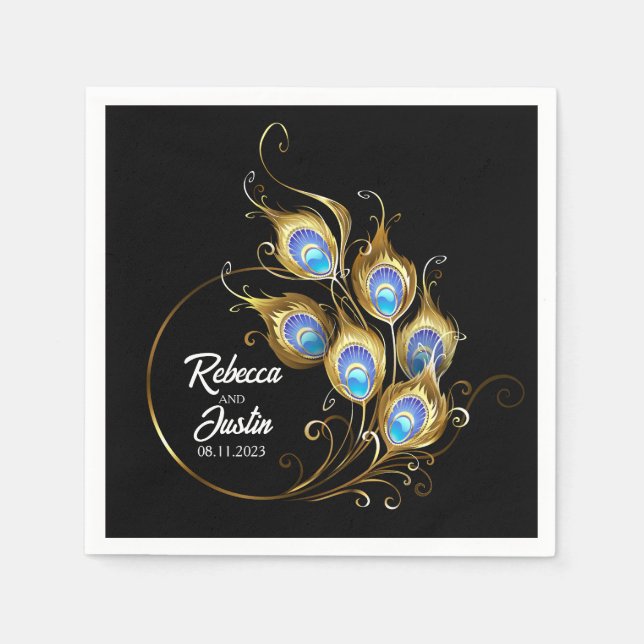 Golden Peacock Feather  Black Modern Boho Napkin (Front)