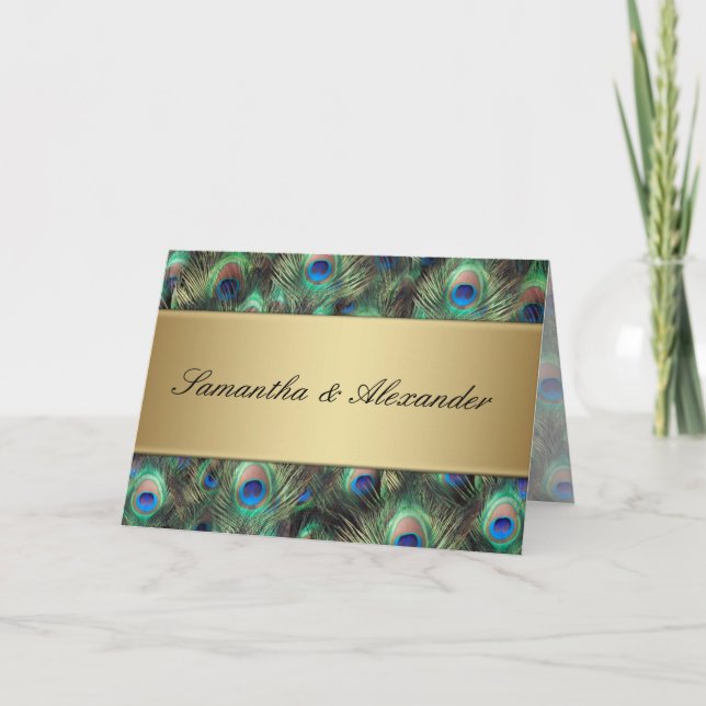 Golden Peacock Feather Folded Wedding Invitation (Front)