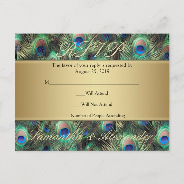Golden Peacock Feather RSVP Reply Invitation Postcard (Front)