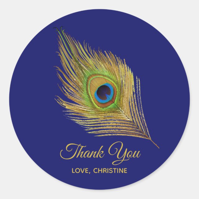 Golden peacock feather Thank You on Navy Blue Classic Round Sticker (Front)
