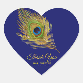 Golden peacock feather Thank You on Navy Blue Heart Sticker