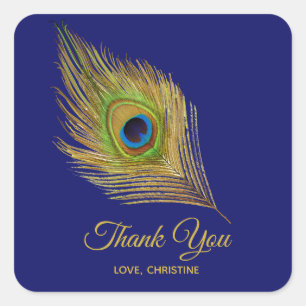 Golden peacock feather Thank You on Navy Blue Square Sticker