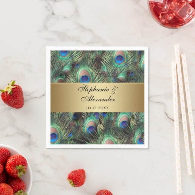 Golden Peacock Feather Wedding Napkin (Insitu)